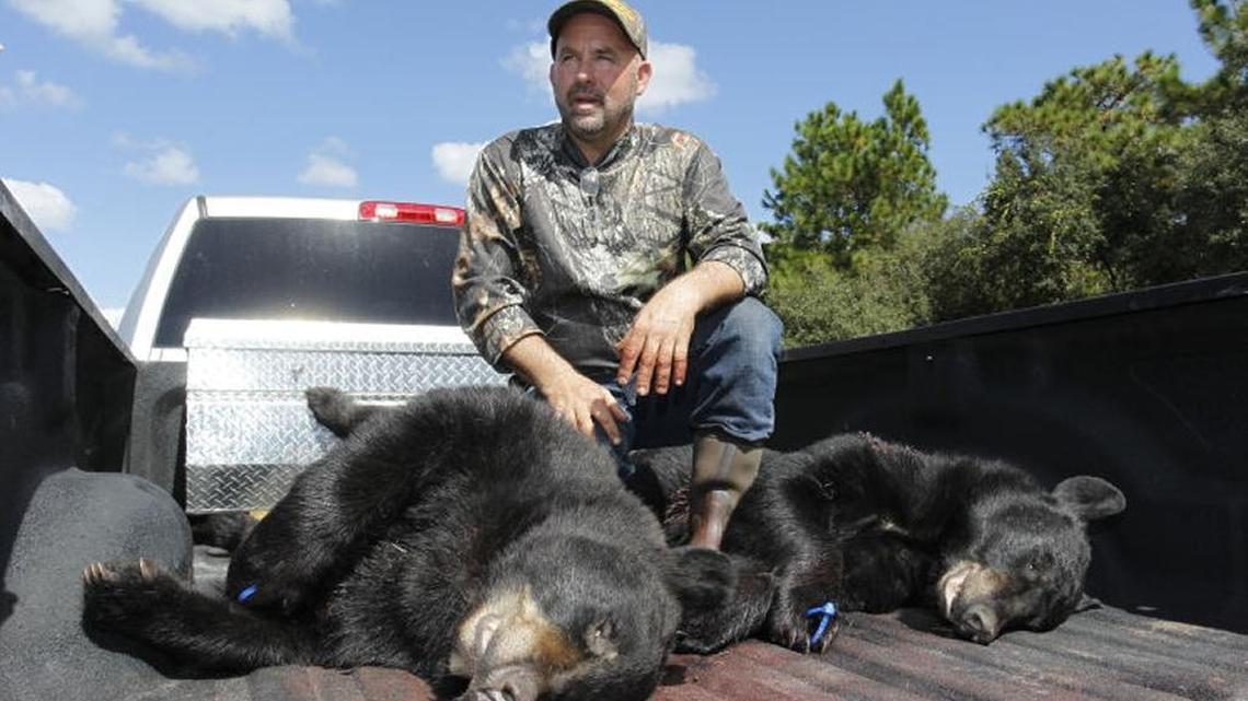 Hunter Rick Sajko of Valrico talks about how he killed one of the two black bears in the bed of his pickup truck at Rock Springs Run Wildlife Management Area near Lake Mary on Saturday. Sajko said he had been waiting “20 some-odd years” to be able to kill a bear in Florida.