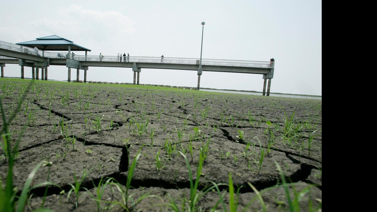 
In May 2007, drought conditions near Lake Okeechobee left deep cracks in an area normally covered by water under a fishing pier. That year, lake levels fell below 10 feet. 
