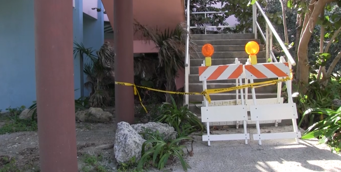 Barricades now block stairs leading up to the old dining hall attached to the Flamingo Visitor’s Center.