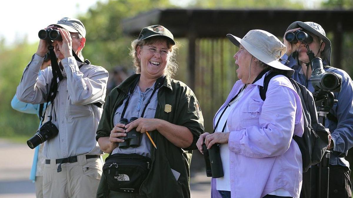 National Park Ranger Christi Carmichael, center, leads a group of birders as they identify birds during the Big Day Birding Adventure, an activity to count birds within the varied habitats of Everglades National Park on Sunday, January 10, 2016.