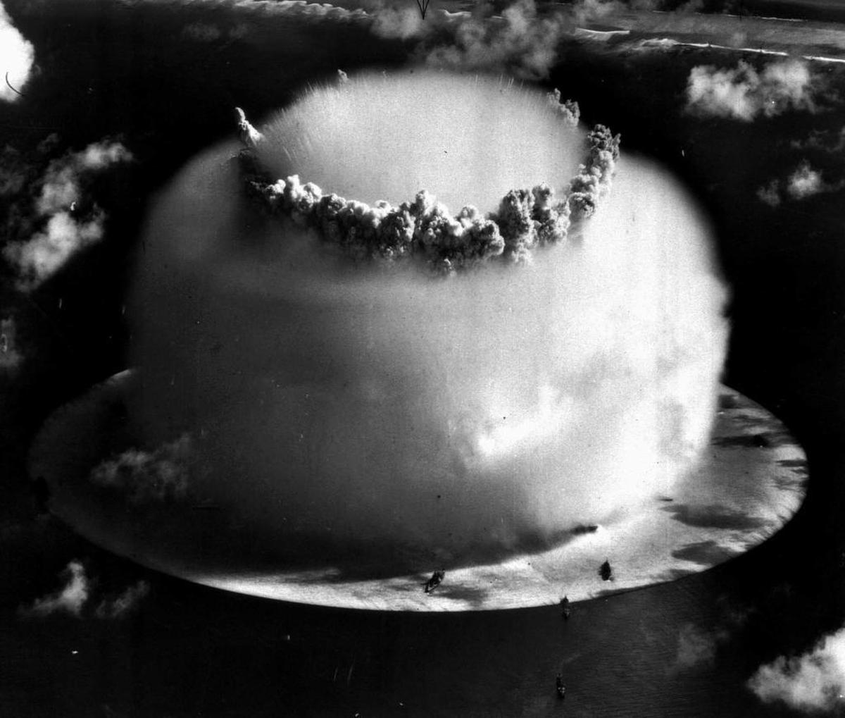 A huge mushroom cloud rises above Bikini atoll in the Marshall Islands July 1946 following an atomic test blast by the U.S. military.