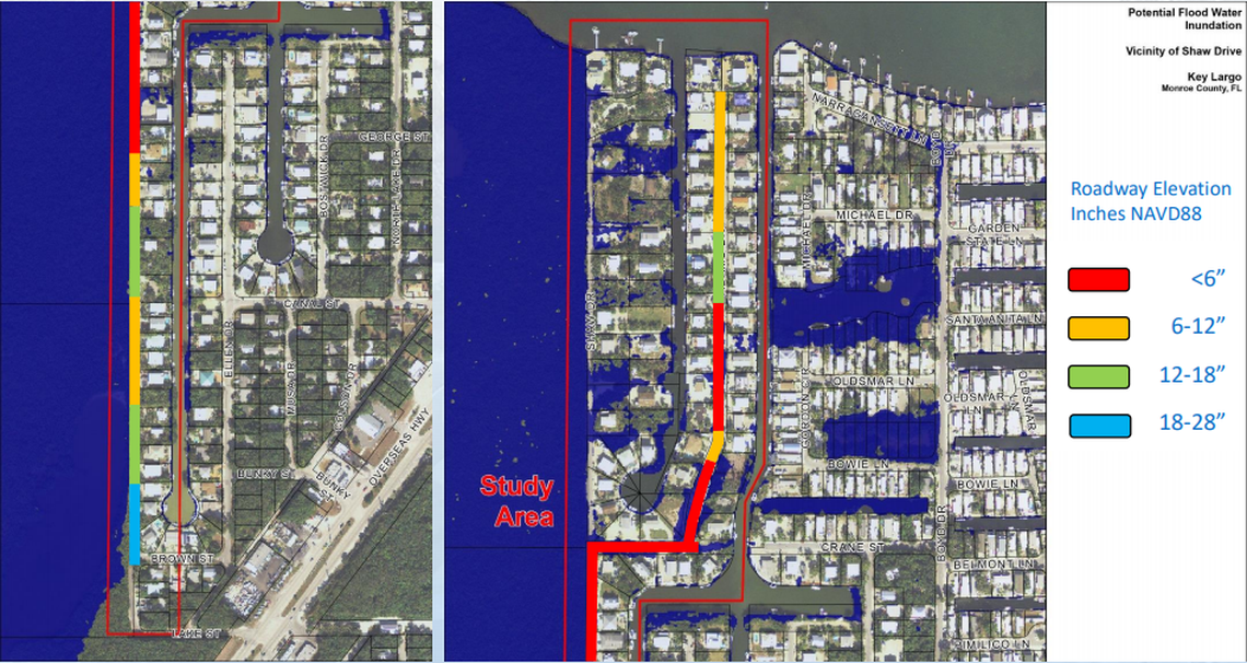 A closer look at the low elevation roads in the Twin Lakes community on Key Largo. Monroe County plans to spend almost a million dollars to elevate a third of a mile of Shaw Drive, marked in red.