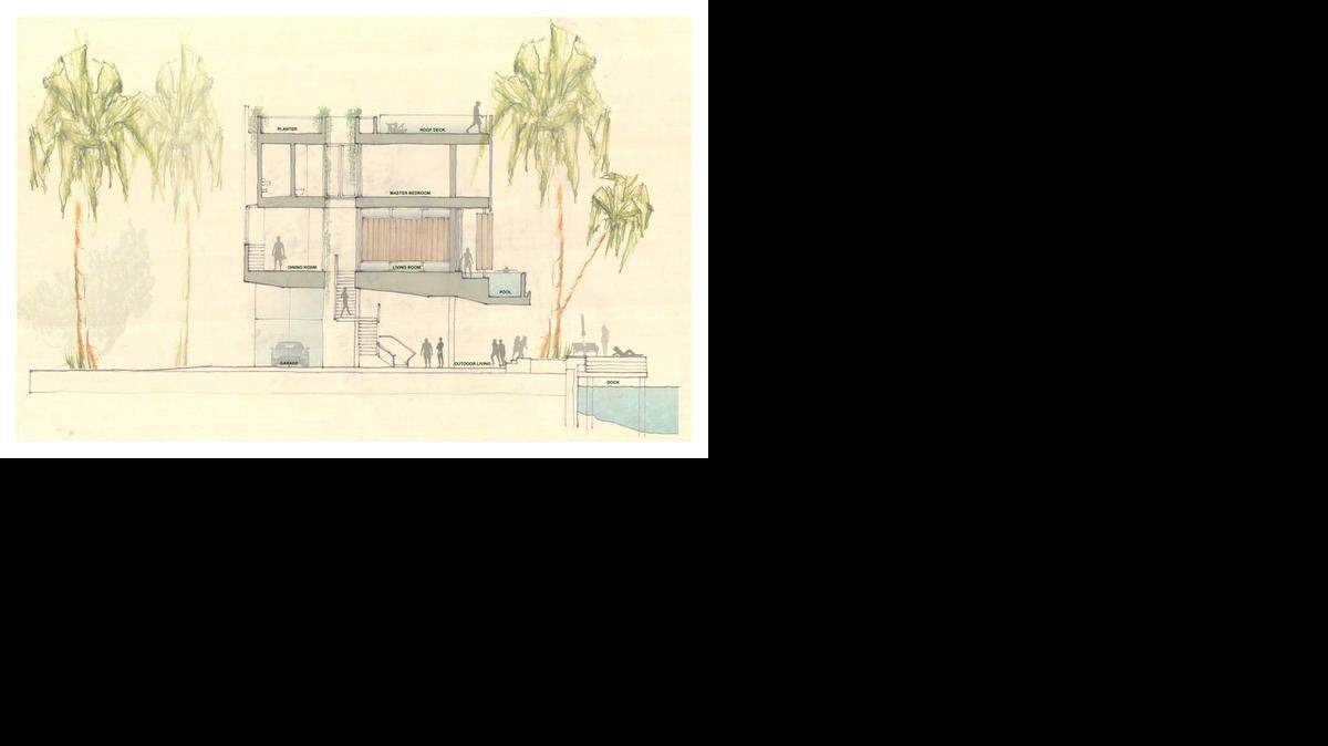
Rene Gonzalez House Section Showing Elevated Living Spaces
