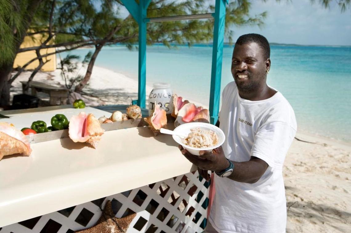 Conch, the national food of the Bahamas, is served in salads and fritters. Cracked conch — deep fried and served on a sandwich or with hot sauce — is among its most famous dishes.