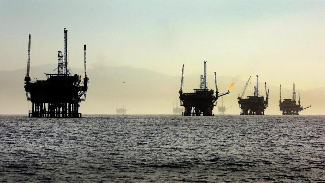 A line of oil rigs sits in the Santa Barbara Channel off the California Coast. A Trump administration plan to expand oil drilling included Florida, surprising industry analysts. This week Florida was withdrawn after Gov. Rick Scott raised concerns.