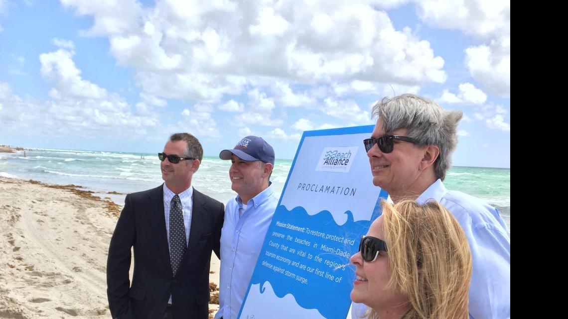 
Surfside Mayor Daniel Dietch, Miami Beach Mayor Philip Levine, Sunny Isles Beach Mayor George “Bud” Scholl and Key Biscayne Mayor Mayra Pena Lindsay gathered on Miami Beach Thursday to call attention to the area’s disappearing beaches.
