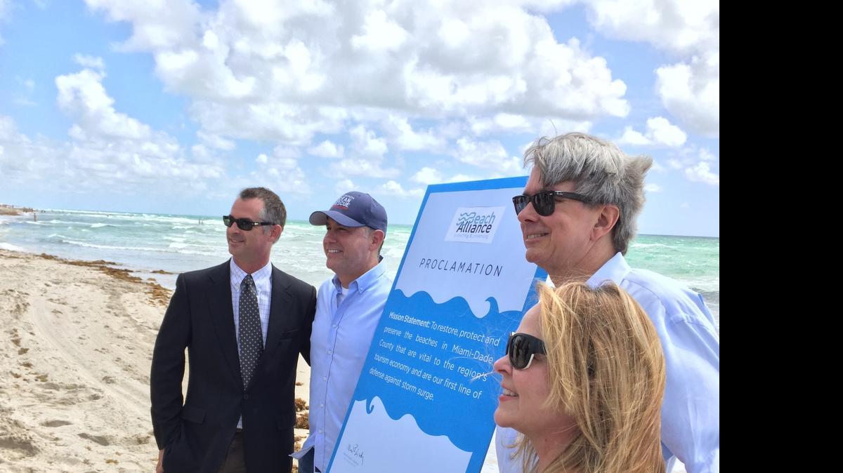 
Surfside Mayor Daniel Dietch, Miami Beach Mayor Philip Levine, Sunny Isles Beach Mayor George “Bud” Scholl and Key Biscayne Mayor Mayra Pena Lindsay gathered on Miami Beach Thursday to call attention to the area’s disappearing beaches.

