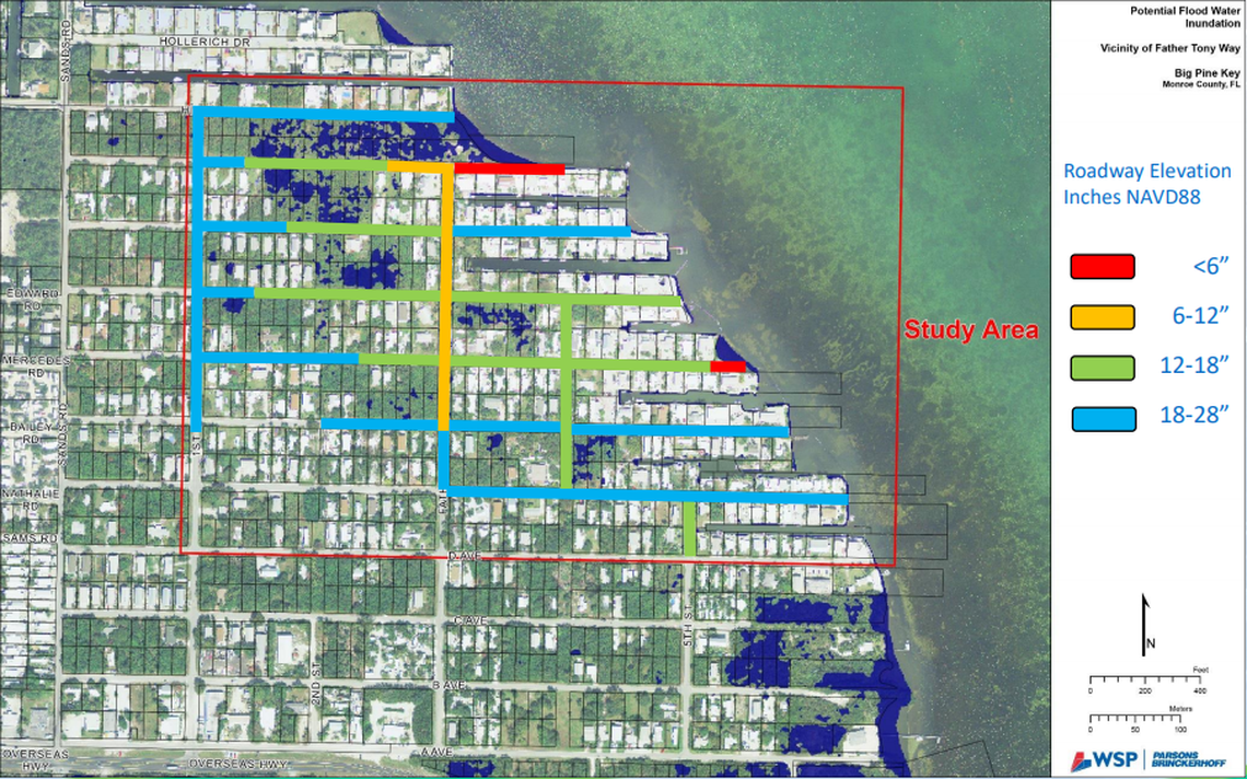 A closer look at the low elevation roads in the Sands community on Big Pine Key. Monroe County plans to spend more than $2.6 million to elevate a third of a mile of Avenue J, marked in red.