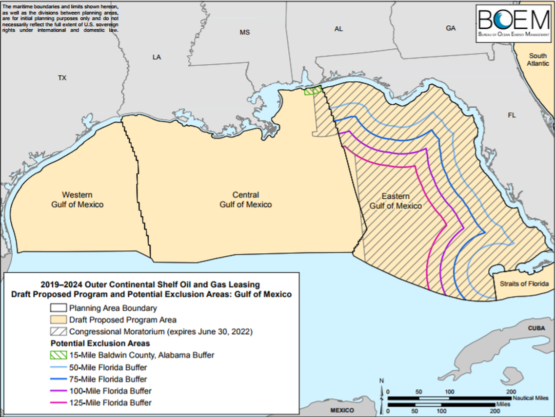 A map of the eastern Gulf of Mexico includes a buffer zone for Florida. However, it’s not yet clear how far that zone will extend.