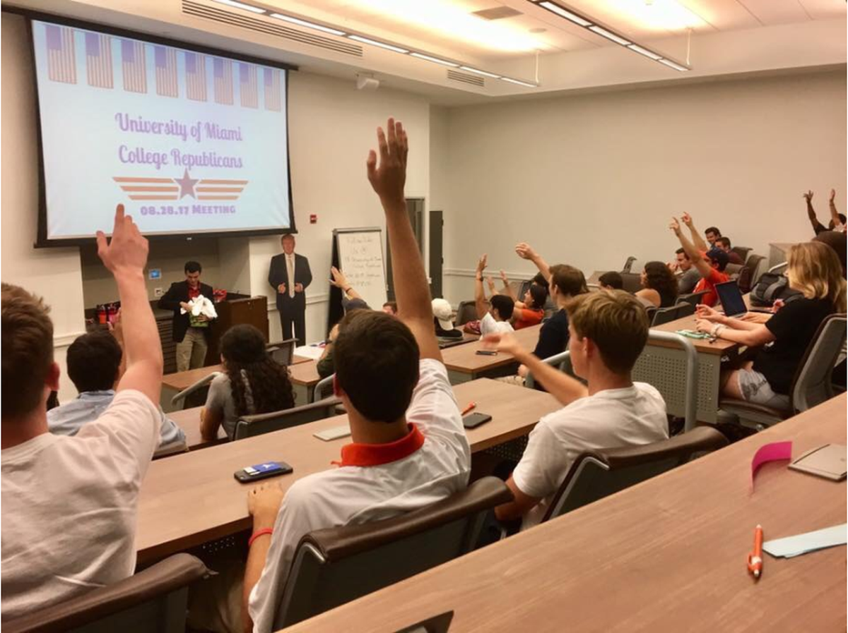 University of Miami College Republicans hold a meeting on campus in late August. The group is one of more than a dozen college Republican clubs banding together to express their support for a conservative solution to climate change.