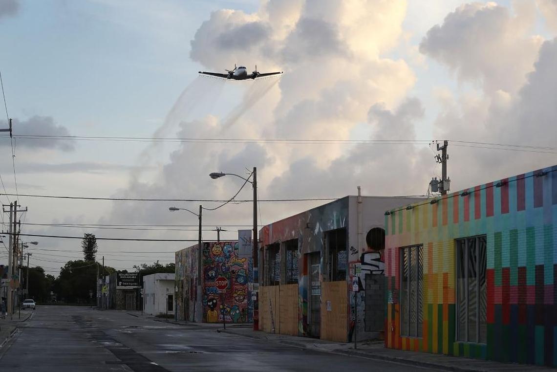 A plane sprayed the BTI larvicide over Wynwood last August in an effort to control invasive Aedes aegypti mosquitoes the carry the Zika virus. A new study found the virus is more likely to spread when mosquito populations are high.