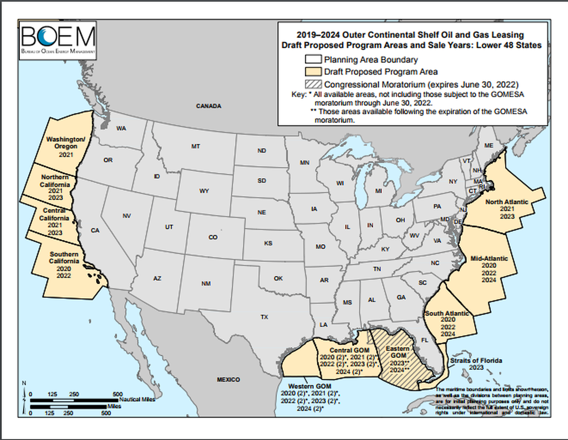 The Trump administration is proposing opening up most U.S. waters to drilling over the next five years, including parts of the Gulf of Mexico off the Florida coast closed since 1988.