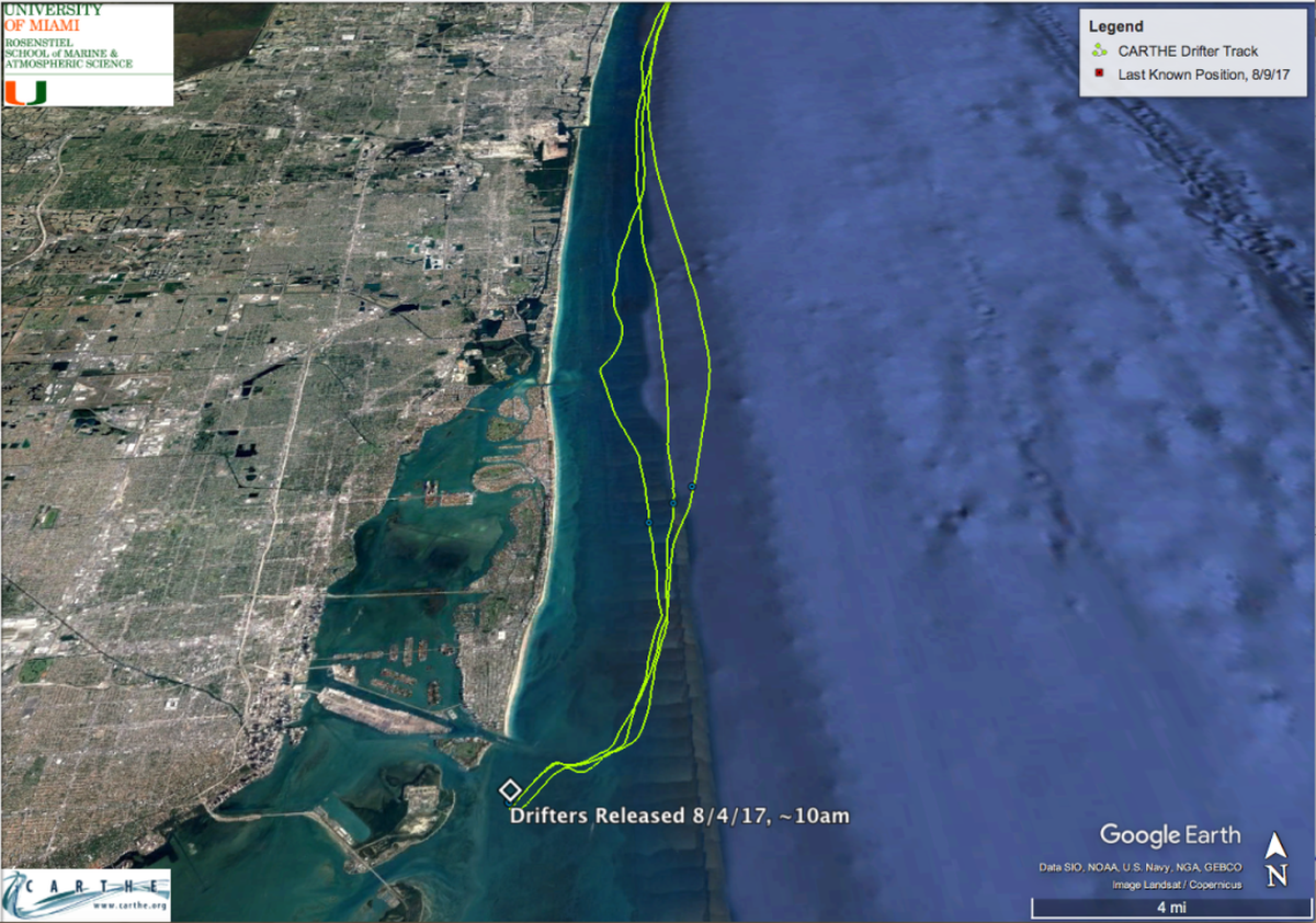 Three drifters released near the site of the leak during an outgoing tide show micro currents travel up the coast, within a couple miles of shore.