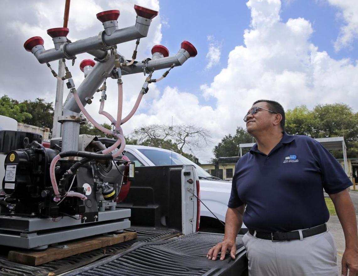 Miami-Dade County Mosquito Operations Manager Chalmers Vasquez says the county purchased three trucks outfitted with AV8 foggers capable of spraying BTI, a bacterial larvicide toxic to mosquitoes but safe for humans and other animals, at low heights across surburban neighborhoods.