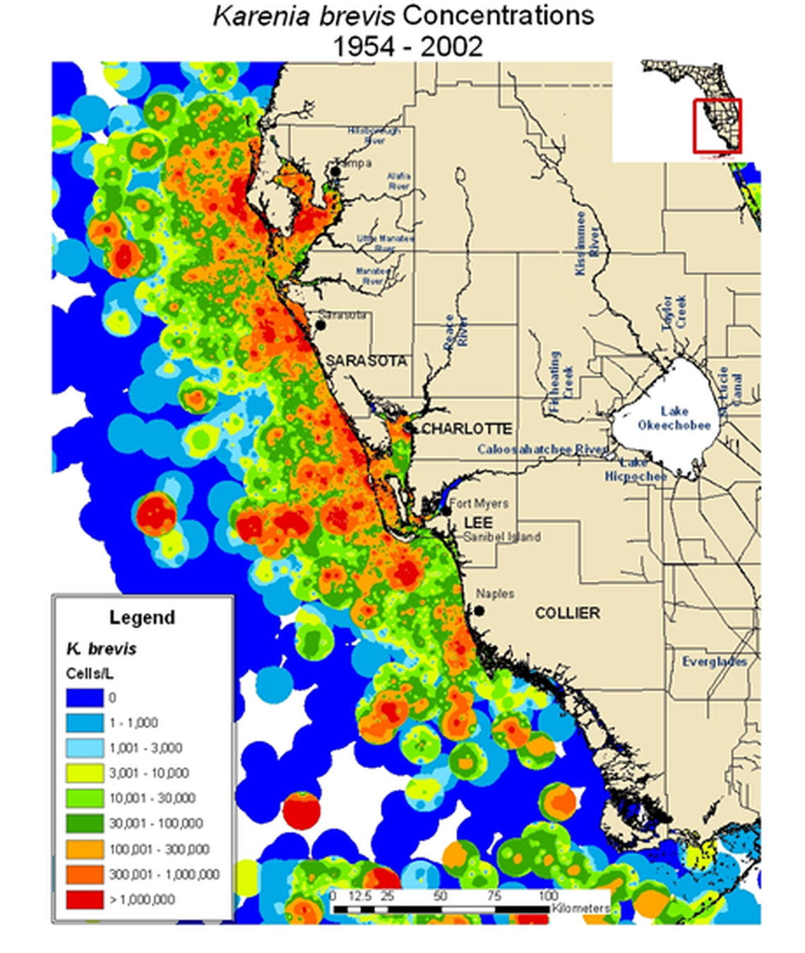 Biologist Larry Brand has documented 50 years worth of red tide records and found that most have occurred between Tampa and Naples.