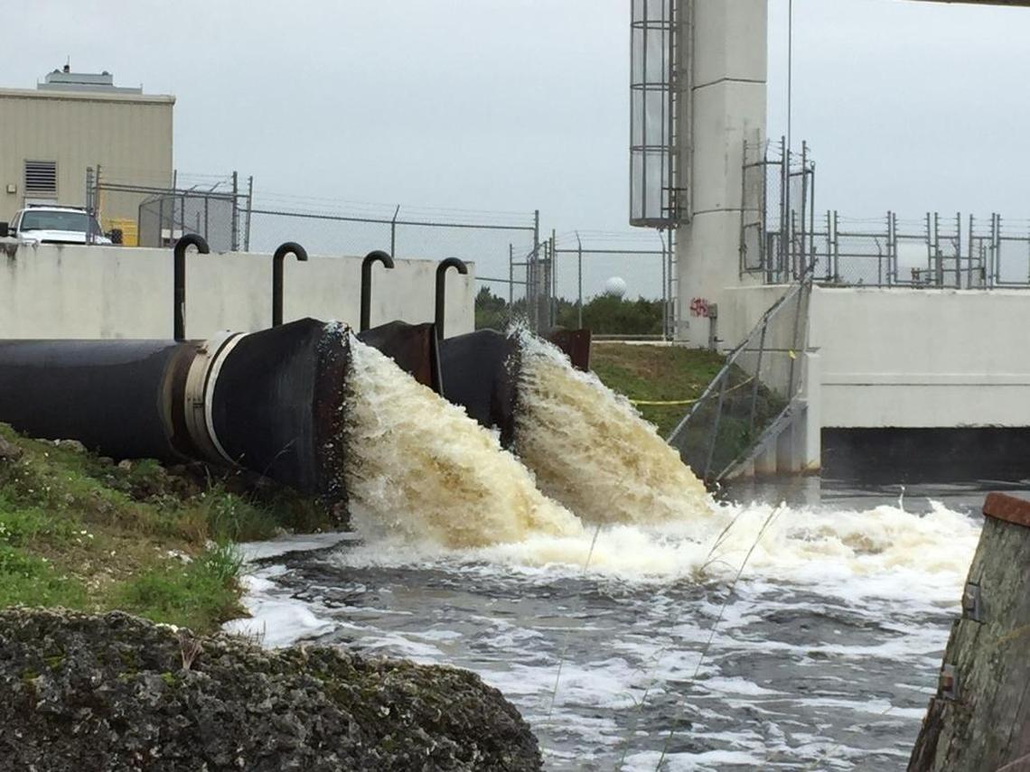 Floodgates along Tamiami Trail pour floodwaters from a conservation area to the north into the canal, which drains to Biscayne Bay. Because sea rise is slowing the drainage system. the South Florida Water Management District has proposed $2.5 billion worth of pump projects and other infrastructure upgrades as part of plan to improve flood protection.