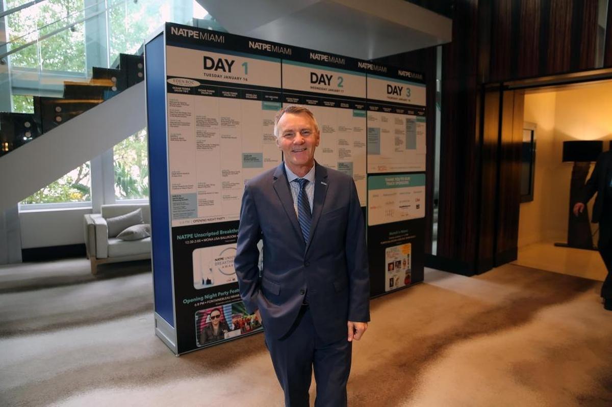J.P. Bommel, the president and CEO of NATPE spends time Wednesday morning at the Eden Roc, one of the two Miami Beach hotels hosting the convention this year. The main floor of the convention is at the Fontainebleau.