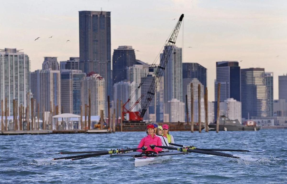 Rowers at the Miami Marine Stadium basin practice navigating around temporary pilings and docks set up for the Miami International Boat Show in 2018.