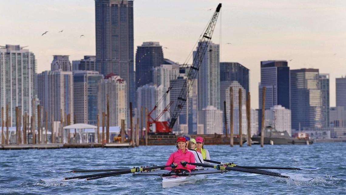 Rowers at the Miami Marine Stadium basin practice navigating around temporary pilings and docks set up for the Miami International Boat Show in 2018.