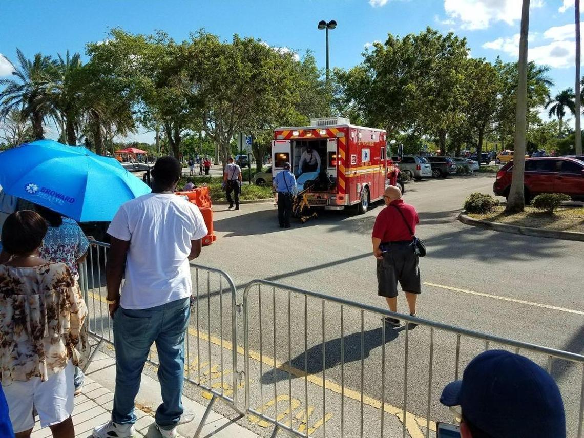 There were 35 calls for medical assistance, with 13 people transported for treatment after they waited in line at the BB&T Center in Sunrise for emergency food aid vouchers given out by DCF stemming from Hurricane Irma, Wednesday, Nov. 8, 2017.