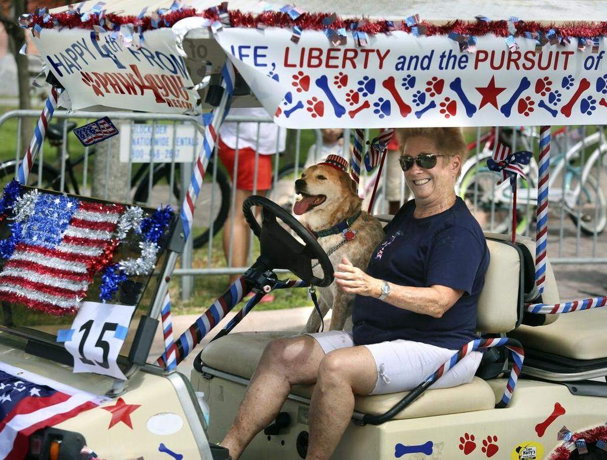 Chris Mack of Key Biscayne, with "Sunday," her 10-year-old rescue dog, a cattle dog pointer, drives the Paws 4 You Rescue golf-cart float in the 56th Annual Key Biscayne 4th of July Parade on Saturday, July 4, 2015.
