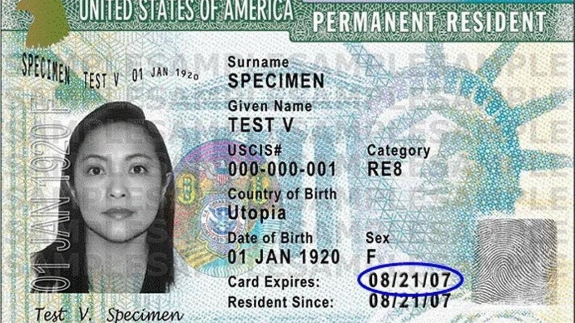 A sample green card, from the U.S. Citizenship and Immigration Services website.