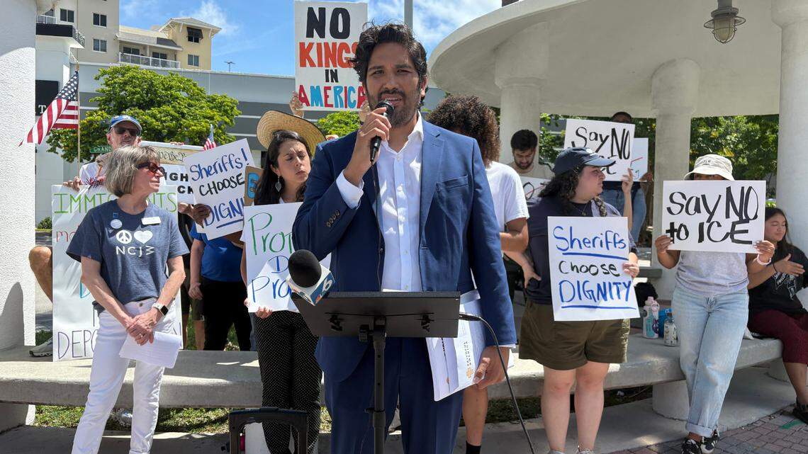 Juan Cuba, executive director of Sheriff Accountability Action, speaks out against the 287(g) agreement during a protest outside the National Sheriffs’ Association Conference in Fort Lauderdale on Tuesday.