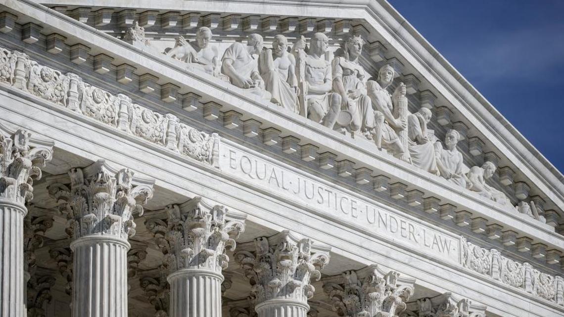 The columns and west pediment of the U.S. Supreme Court building are seen in Washington, Tuesday, April 12, 2016.
