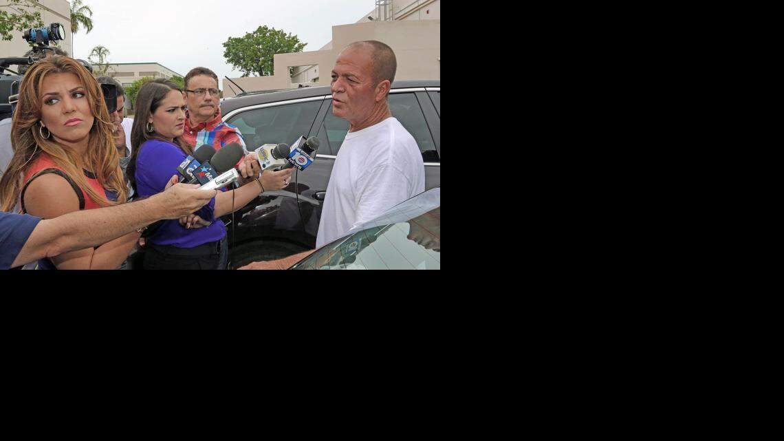 
Cuban rafter Rene Morales, 53, the captain of the makeshift boat that included eight other rafters who landed on the beach in Key Biscayne, behind Mar Azul Condominiums, answers media questions outside Church World Service in Doral on Wednesday, Sep. 24, 2014.
