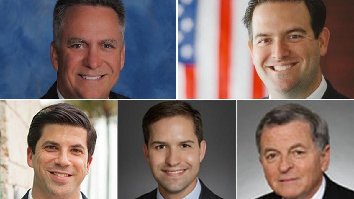 The candidates, clockwise from top left: Frank Ledee, Jose Felix “Pepi” Diaz, Jon Sale, John Couriel and Roy Altman.