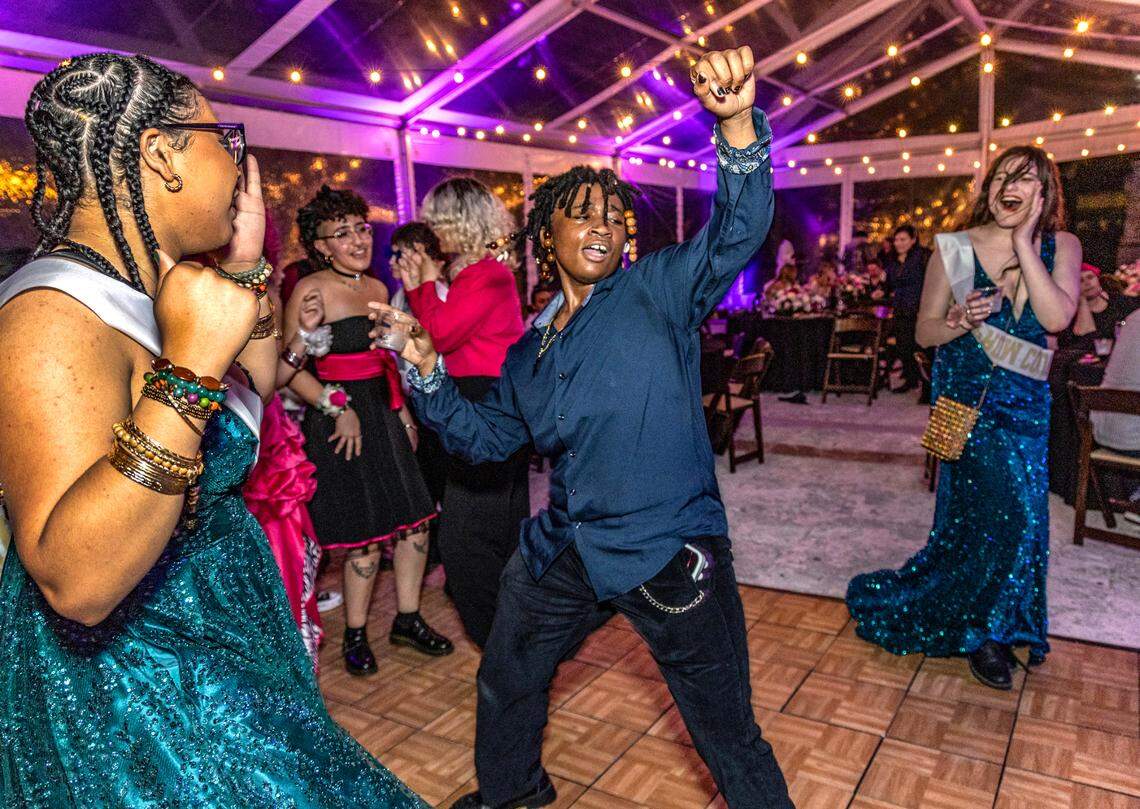 The Prom King, Eris Coney, 18, a student at Law Enforcement Officers’ Memorial High School, dances with fellow students at Safe Schools South Florida’s prom for queer youth. The event provided students with the full prom experience in a welcoming and affirming space at the Vizcaya Museum and Gardens in Miami, Florida, on Saturday, May 31, 2025.