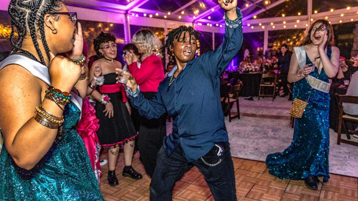 The Prom King, Eris Coney, 18, a student at Law Enforcement Officers’ Memorial High School, dances with fellow students at Safe Schools South Florida’s prom for queer youth. The event provided students with the full prom experience in a welcoming and affirming space at the Vizcaya Museum and Gardens in Miami, Florida, on Saturday, May 31, 2025.