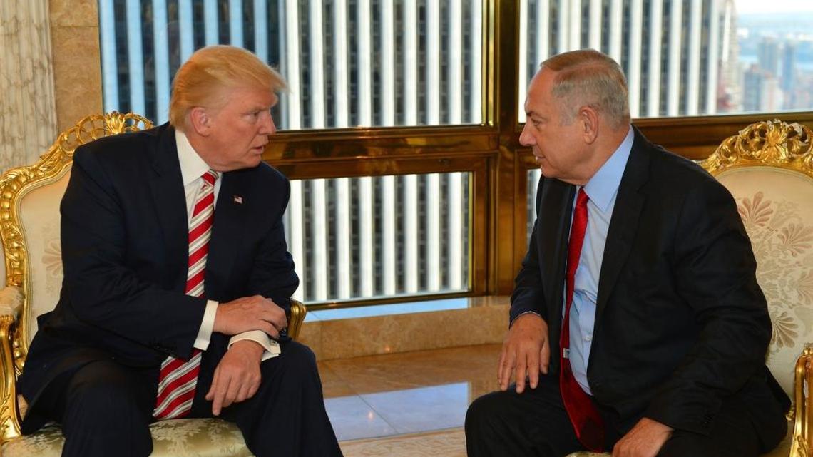 In this handout photo from Sunday, Sept. 25, 2016, provided by the Israeli Government Press Office, then-presidential candidate Donald Trump meets Israeli Prime Minister Benjamin Netanyahu in New York.