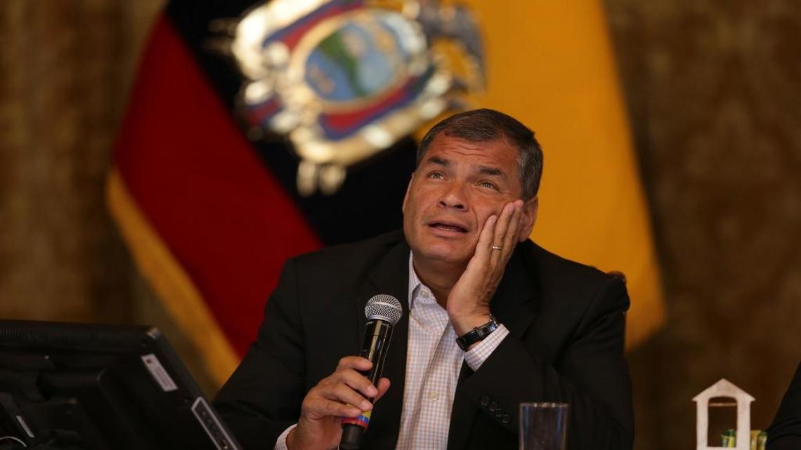 Ecuador's President Rafael Correa meets with the foreign press in Quito, Ecuador, Wednesday, Feb. 22, 2017, after general elections over the weekend. A self-declared "21st century socialist," Correa was elected president in 2007 and he won praise for ushering in stability for Ecuador after a severe economic crisis that saw three presidents toppled by street protests and the adoption of the U.S. dollar to control rampant inflation.
