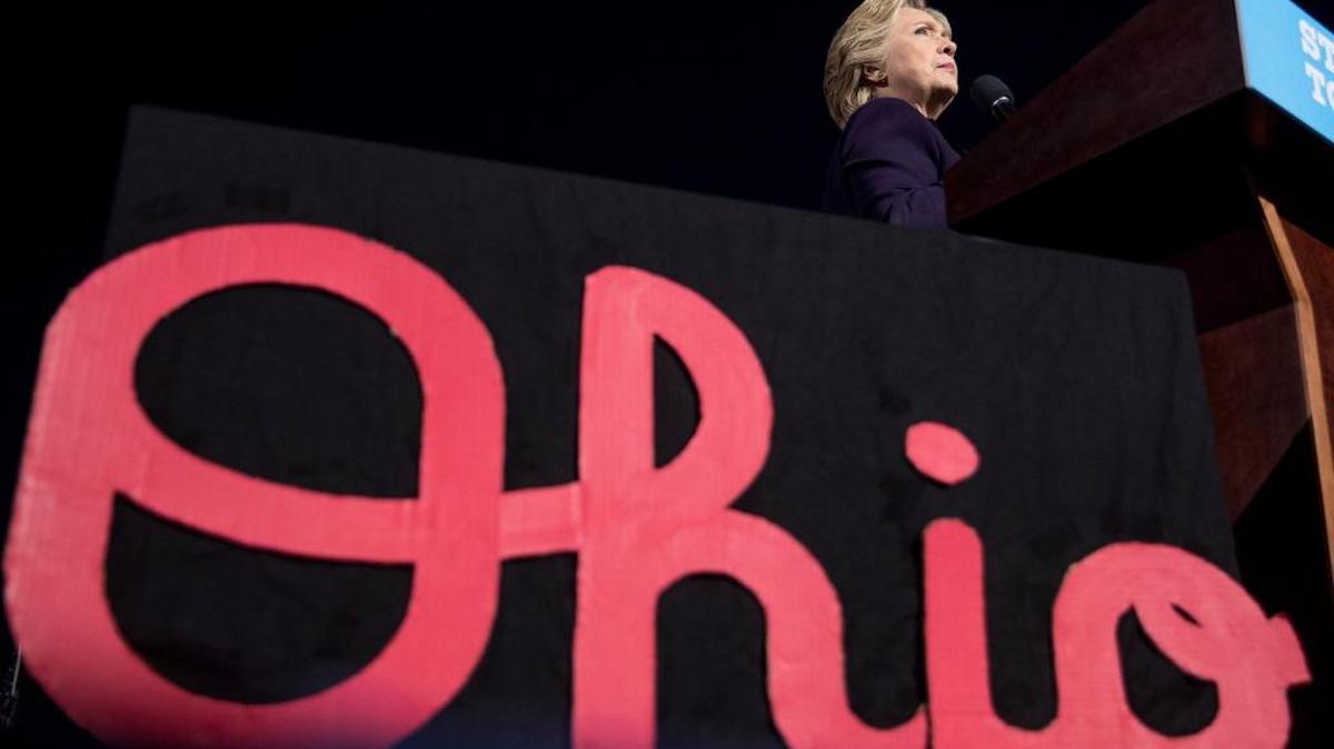 Democratic presidential candidate Hillary Clinton pauses while speaking at a rally at The Ohio State University in Columbus, Ohio, Monday, Oct. 10, 2016.