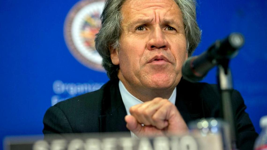 In this June 16, 2015 file photo, Secretary General Luis Almagro speaks to the media during a news conference at the 45th Organization of American States (OAS) General Assembly, in Washington. Almagro says that the banning or jailing of several candidates and the opposition's limited access to mass media are tilting the campaign in favor of pro-government candidates. His 18-page letter addressed to the head of Venezuela’s National Electoral Council was published Tuesday, Nov. 10, 2015.