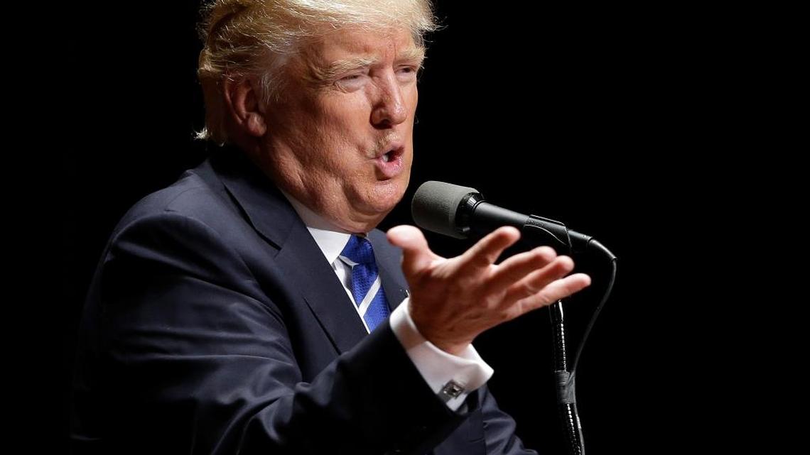 Republican presidential candidate Donald Trump speaks during a campaign stop at Old National Events Plaza on Thursday in Evansville, Indiana.