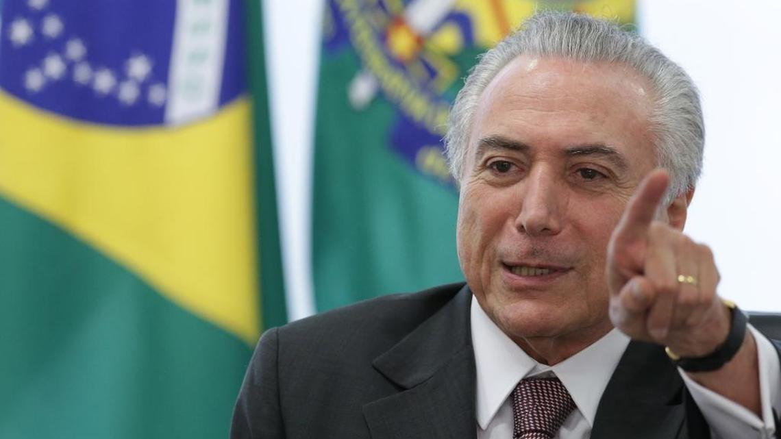 Brazil’s acting President Michel Temer speaks during a meeting with trade unions, on the government's proposal for Social Security reform, at the Planalto Presidential Palace, in Brasilia on May 16.