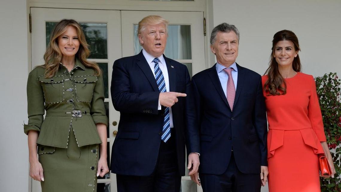 President Donald Trump and first lady Melania Trump welcome the president of Argentina, Mauricio Macri, and his wife Juliana Awada to the White House in Washington, D.C., on April 27, 2017.