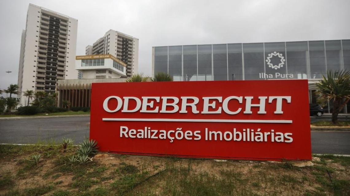 An Odebrecht sign is displayed in front of the now abandoned Rio 2016 Olympic Games athletes village on April 12, 2017 in Rio de Janeiro, Brazil.