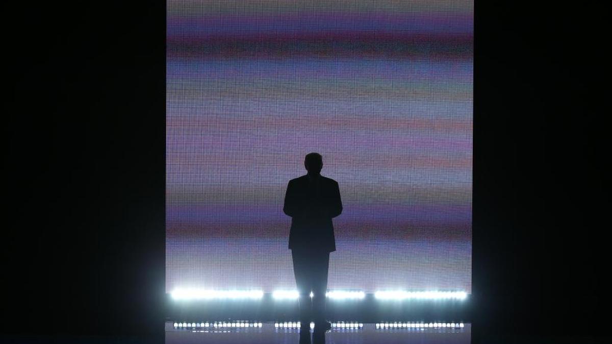 The silhouette of Donald Trump, presumptive 2016 Republican presidential nominee, on stage during the Republican National Convention in Cleveland on Monday.