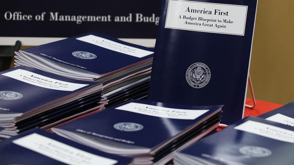 Copies of U.S. President Donald Trump's overview of budget priorities for FY2018 at the Government Publishing Office and the Office of Management and Budget on March 16, 2017.