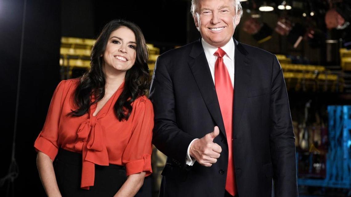 This Nov. 3, 2015 photo provided by NBC shows "Saturday Night Live" cast member Cecily Strong, left, and Republican presidential candidate Donald Trump in New York. Trump will host the show on Nov. 7.