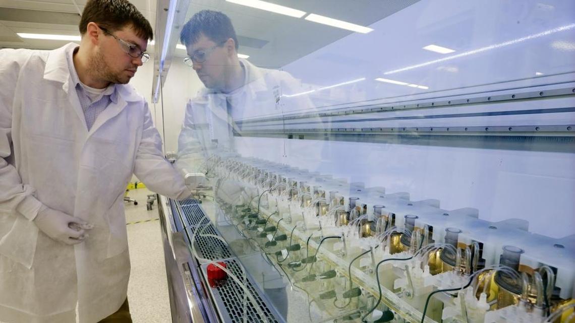 In this Dec.18, 2014, photograph, scientist Christopher Kistler checks on experiments in bio-reactors in a laboratory at the Merck company facilities in Kenilworth, N.J. On June 27, 2017, Merck & Co. said a new type of cholesterol drug, in testing for many years, reduced heart attacks, deaths and other complications of heart disease in a huge late-stage study.