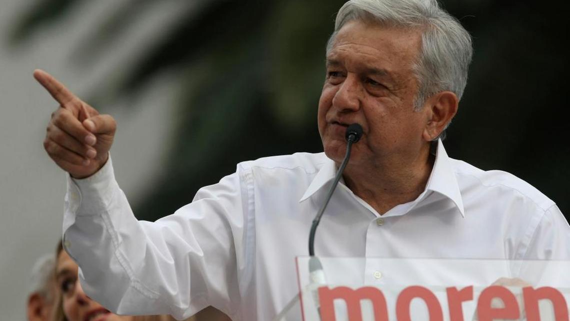 Mexican 2018 presidential hopeful Andrés Manuel López Obrador, leader of the National Regeneration Movement, MORENA, speaks during a rally at the Revolution Monument in Mexico City on Sunday, April 9, 2017.