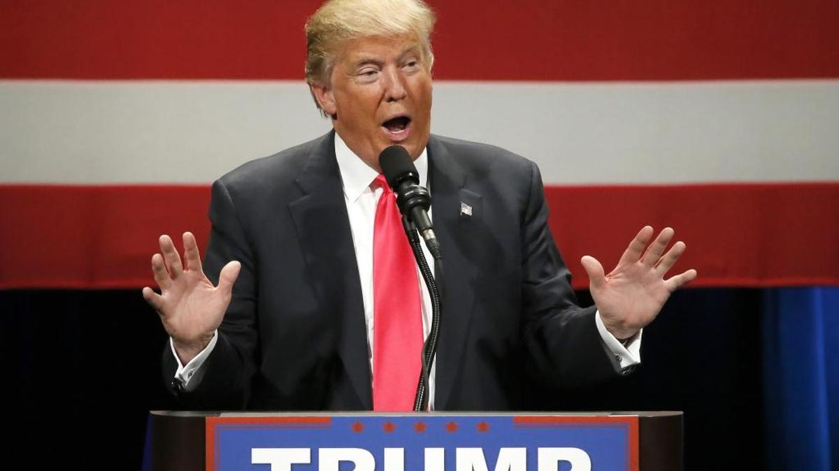 Republican presidential candidate Donald Trump addresses the crowd Monday during a rally at the Milwaukee Theatre in Milwaukee.
