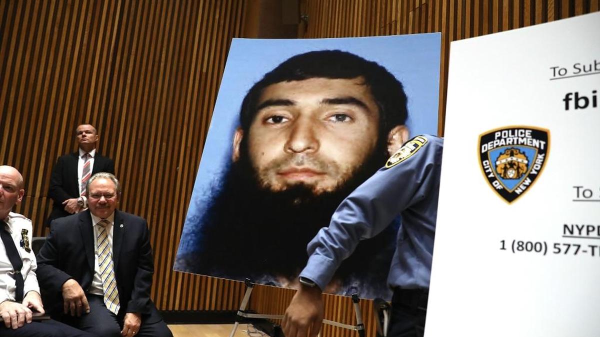 A picture of suspect Sayfullo Saipov is displayed during a news conference about Tuesday’s attack along a bike path in lower Manhattan.