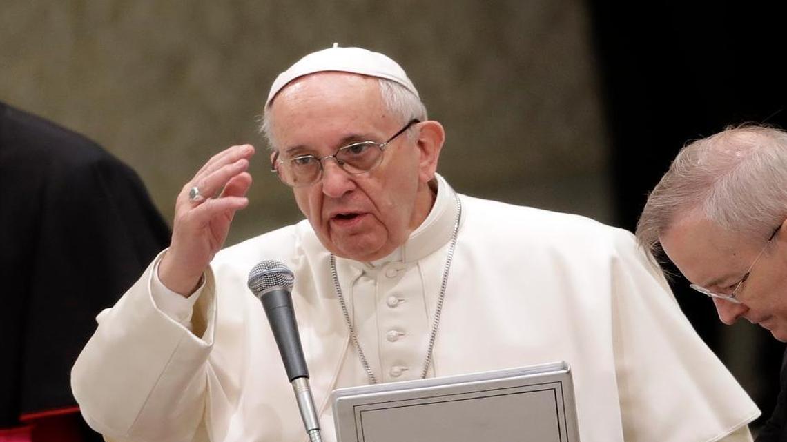 Pope Francis delivers his blessing during his weekly general audience at the Vatican, Wednesday, Feb. 8, 2017.