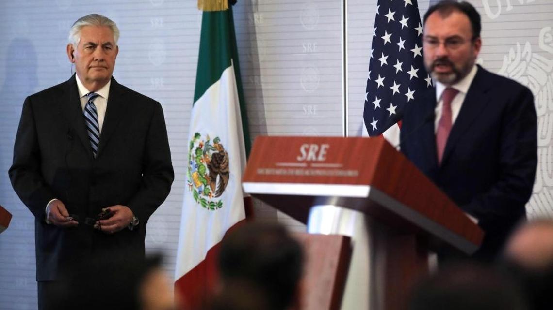 US Secretary of State Rex Tillerson (L) listens to Mexican Foreign Minister Luis Videgaray during a joint press conference in Mexico City on February 23, 2017.