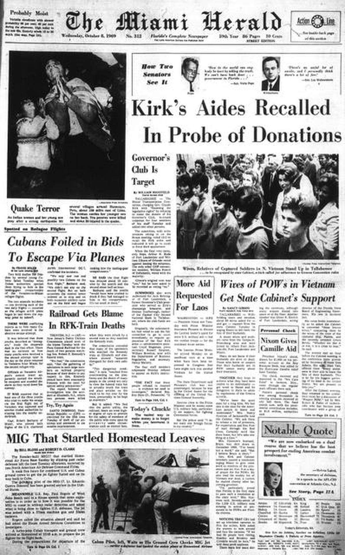 This Miami Herald front page features a story on the two Varadero-Miami flights of Oct. 7, 1969, when young men tried to escape Cuba by hopping onto the airplane’s landing gear as it taxied on the runway.